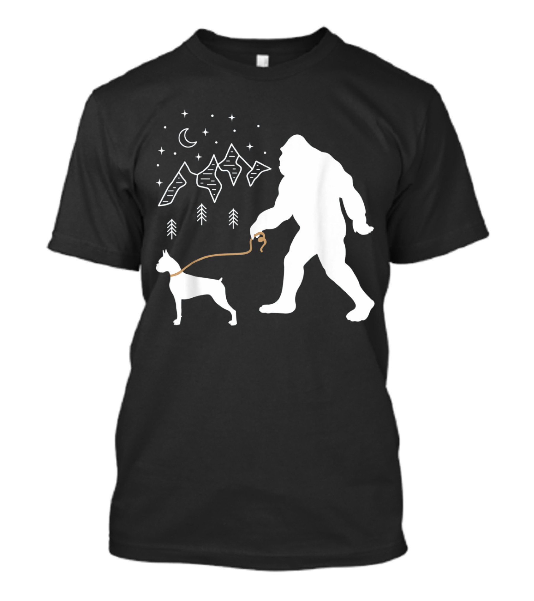 Bigfoot Walking Boxer Dog Under Starry Mountain Sky T-Shirt