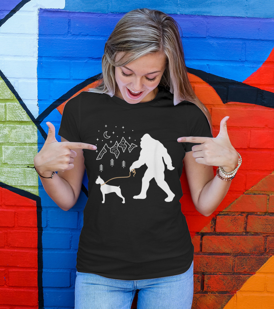 Bigfoot Walking Boxer Dog Under Starry Mountain Sky T-Shirt
