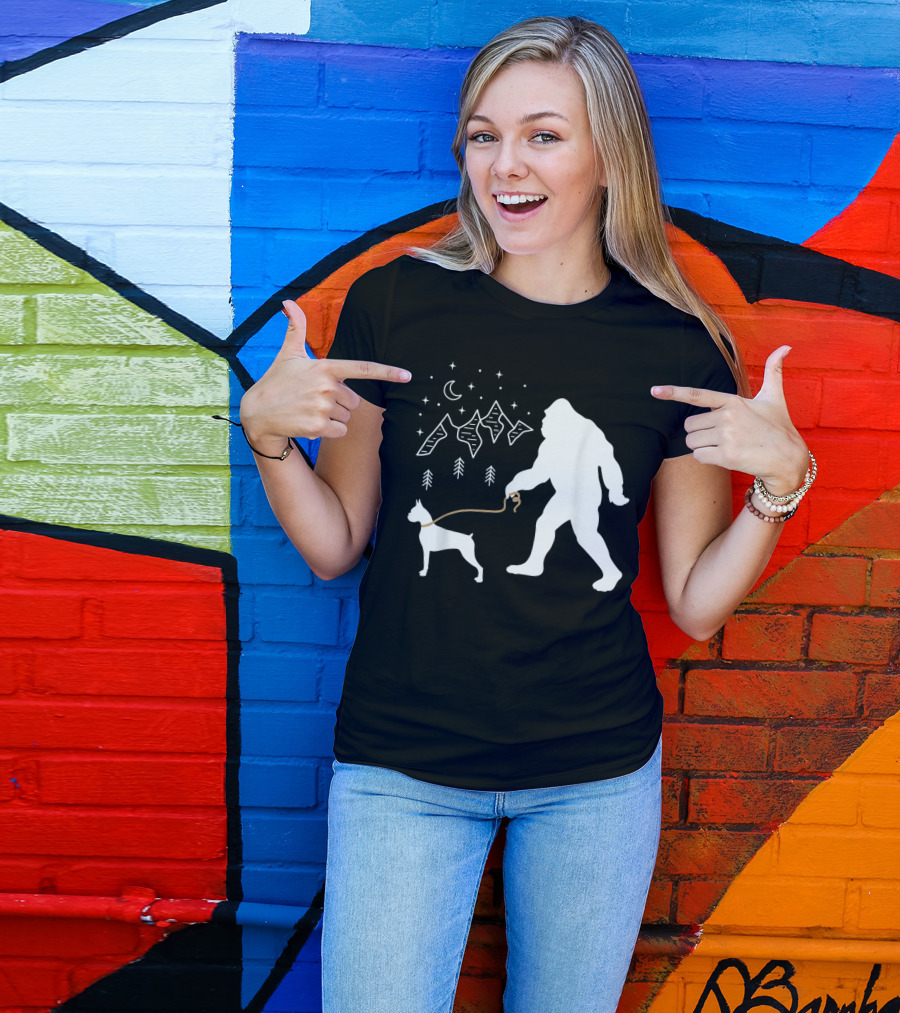 Bigfoot Walking Boxer Dog Under Starry Mountain Sky T-Shirt