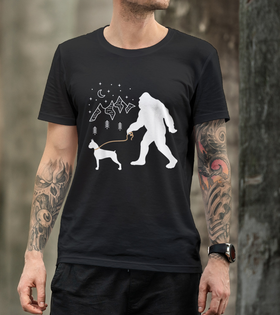 Bigfoot Walking Boxer Dog Under Starry Mountain Sky T-Shirt