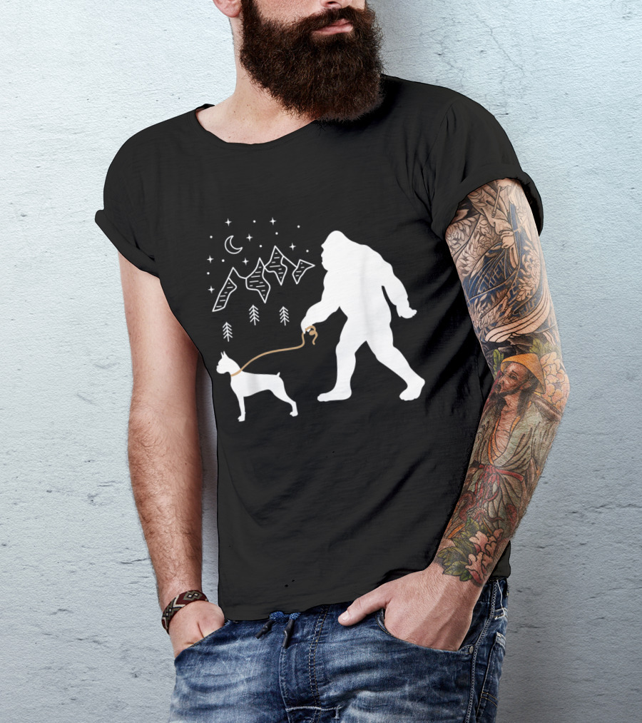Bigfoot Walking Boxer Dog Under Starry Mountain Sky T-Shirt