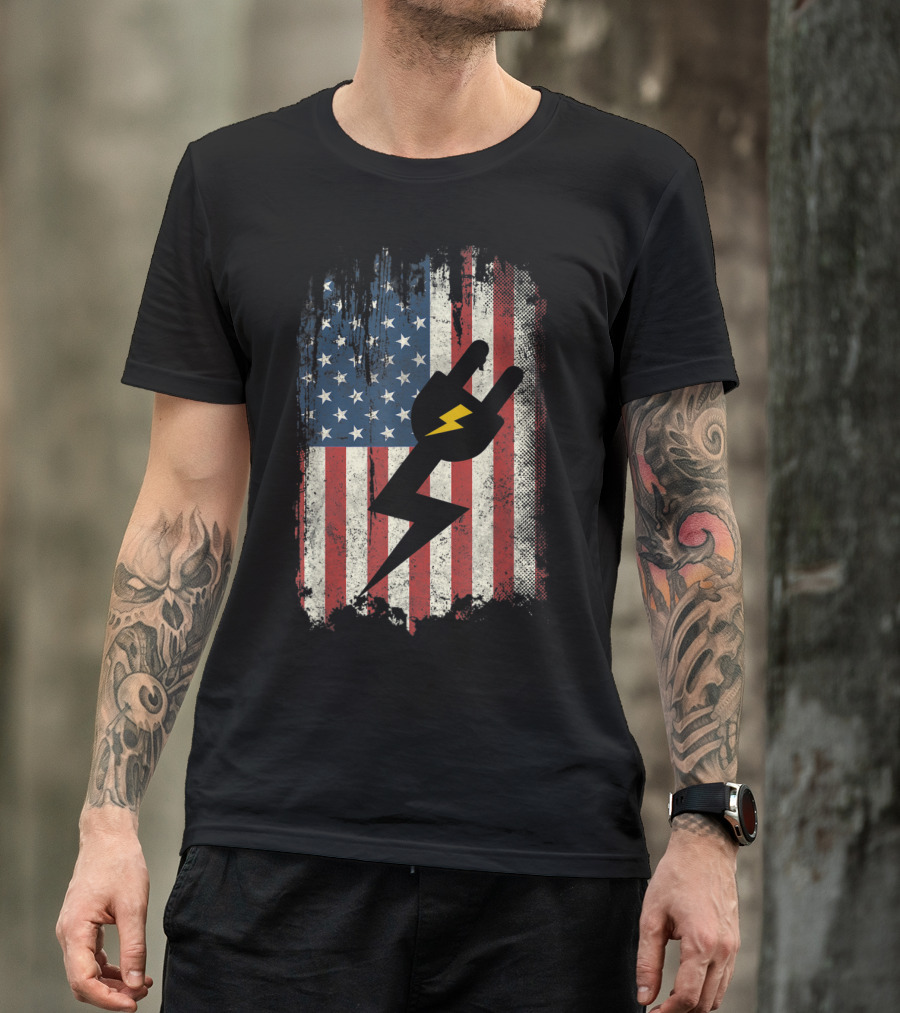 Electrician American Flag With Lightning Bolt Plug T-Shirt