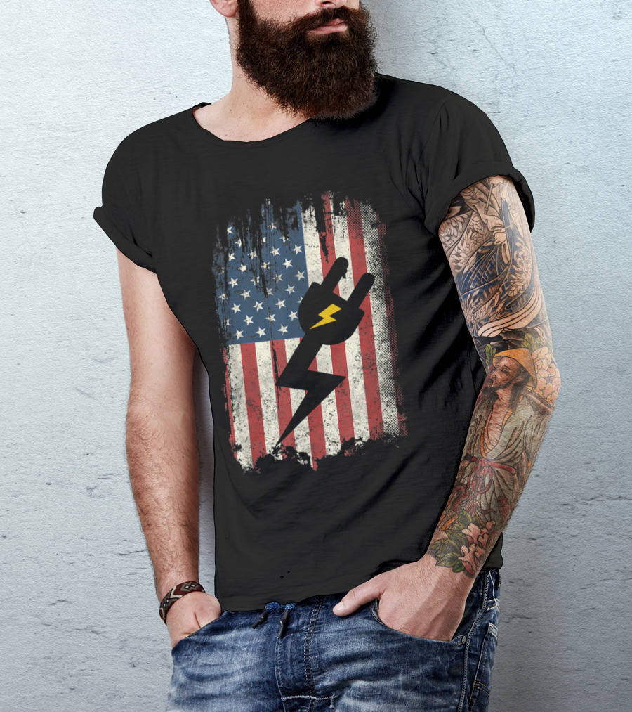 Electrician American Flag With Lightning Bolt Plug T-Shirt