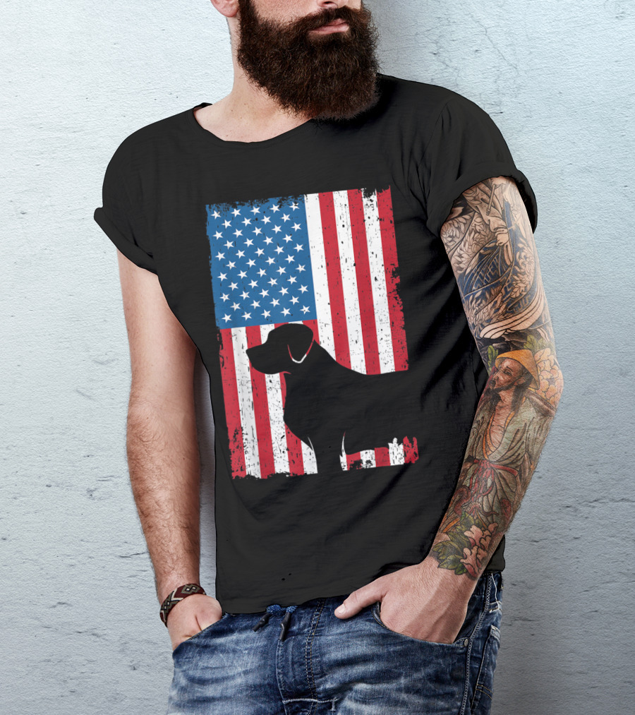 Golden Retriever Silhouette On Vintage American Flag Patriotic T-Shirt