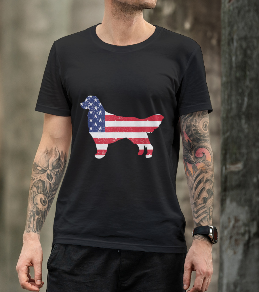 Golden Retriever Silhouette With Stars And Stripes American Flag T-Shirt