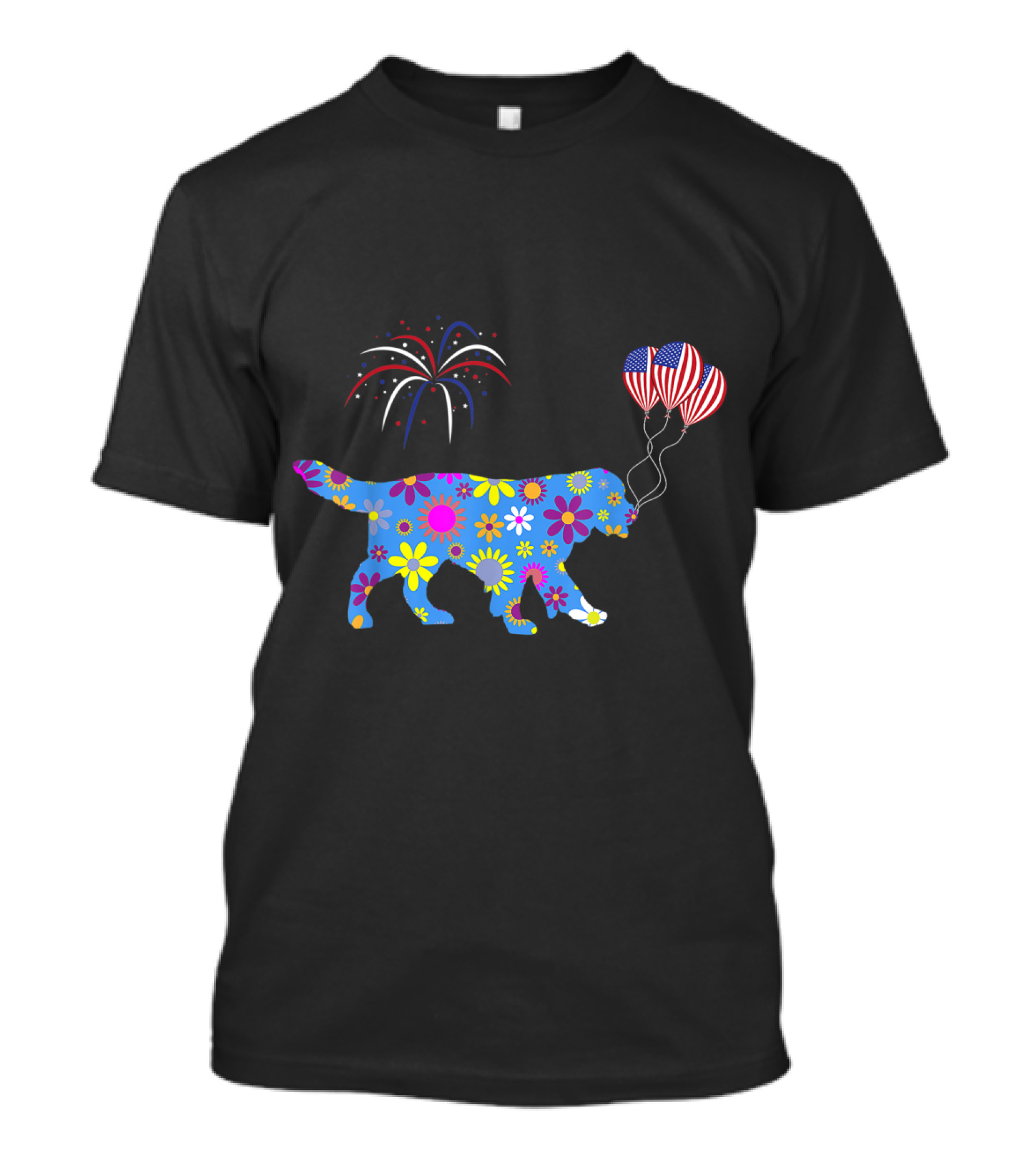 Flower Patterned Golden Retriever With American Flag Balloon And Fireworks T-Shirt