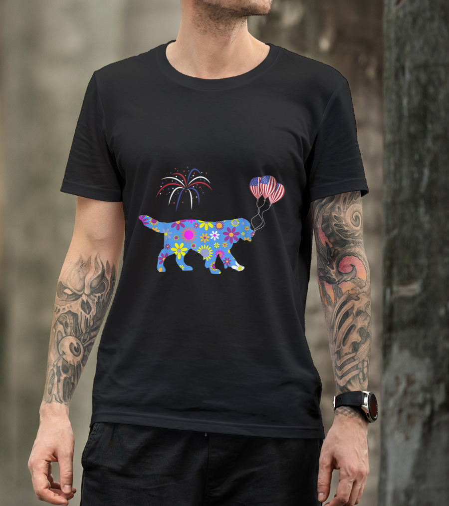 Flower Patterned Golden Retriever With American Flag Balloon And Fireworks T-Shirt