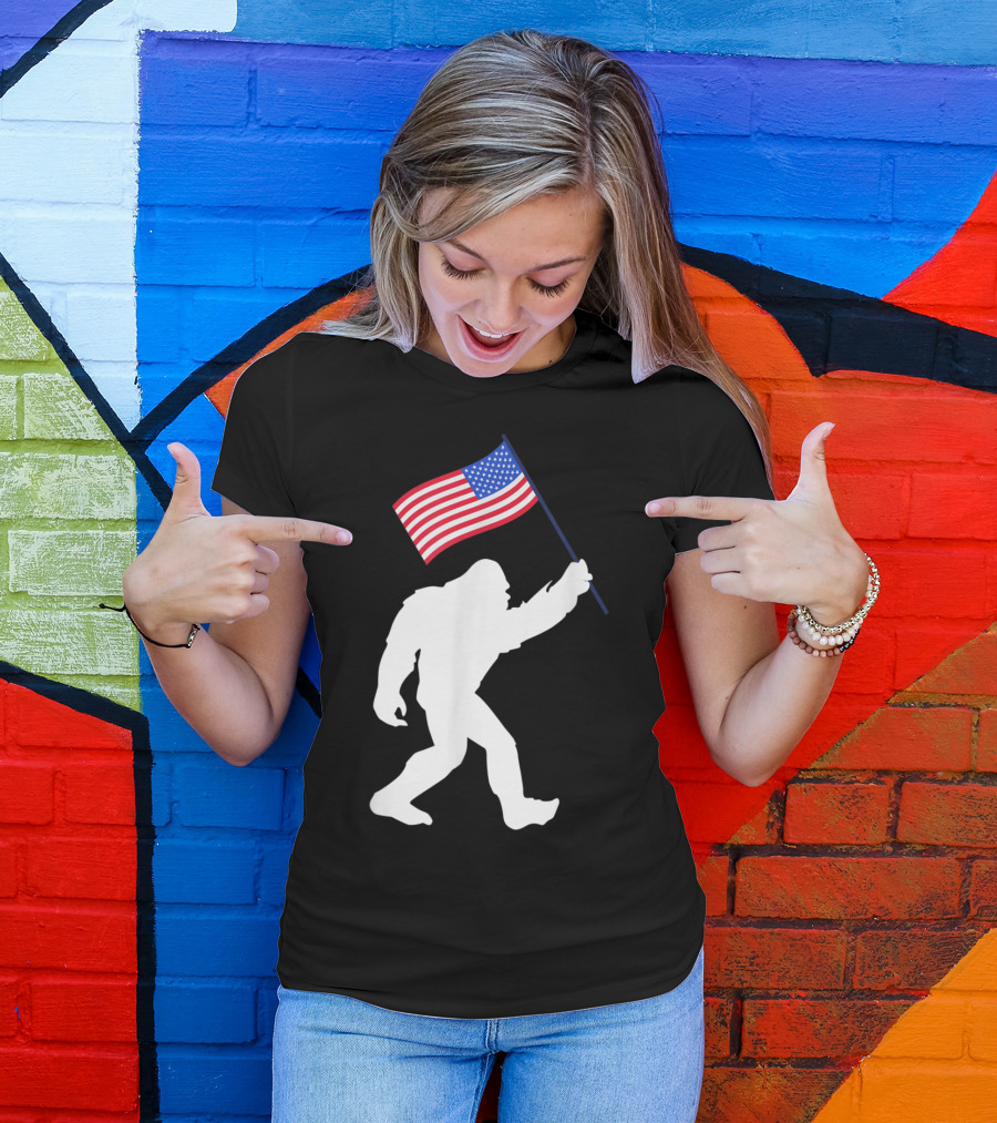 Patriotic Bigfoot Silhouette Carrying American Flag T-Shirt