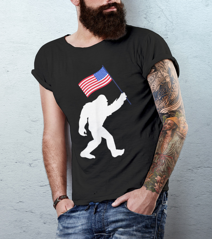 Patriotic Bigfoot Silhouette Carrying American Flag T-Shirt