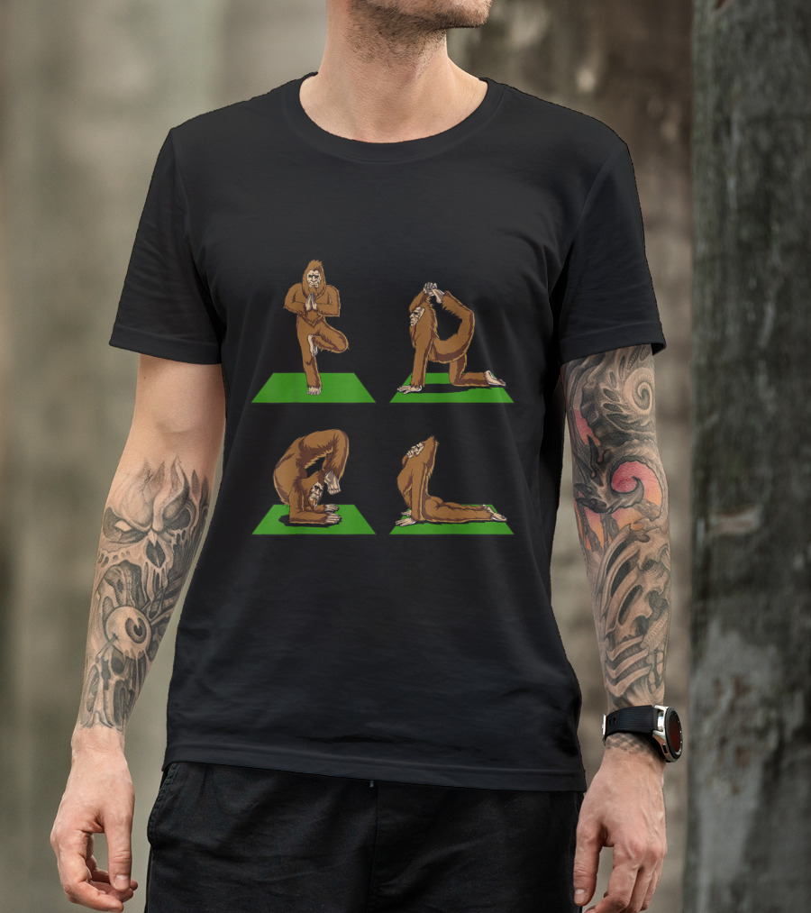 Bigfoot Zen Yoga Poses Workout Featuring Sasquatch In Various Yoga Positions T-Shirt