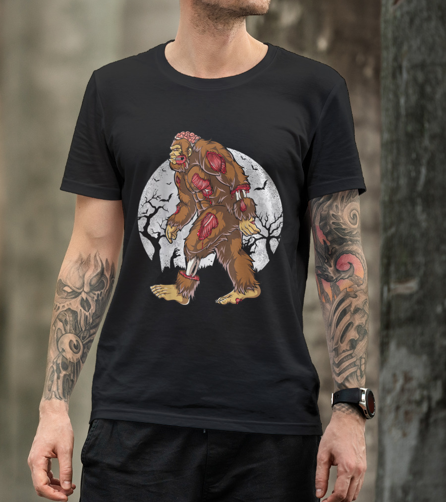 Bigfoot Zombie Walking Under Full Moon With Exposed Muscles And Haunted Trees T-Shirt