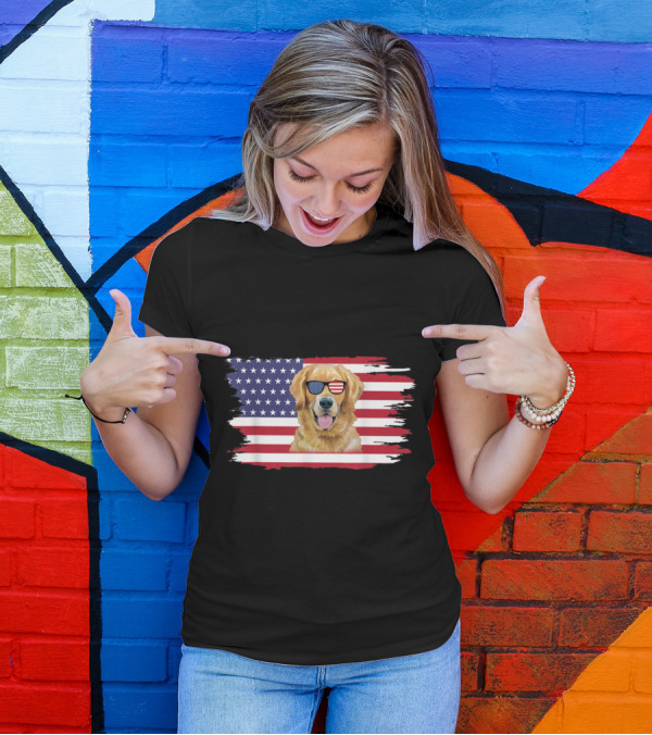 Golden Retriever Wearing American Flag Sunglasses In Front Of U.S. Flag T-Shirt