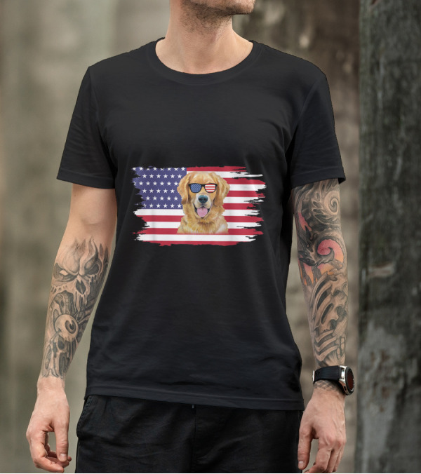 Golden Retriever Wearing American Flag Sunglasses In Front Of U.S. Flag T-Shirt