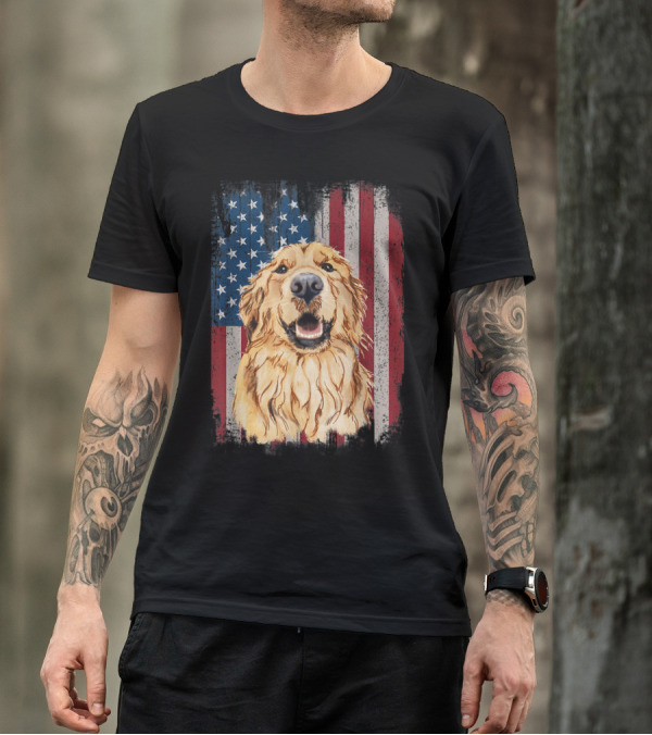Golden Retriever With American Flag Background Patriotic T-Shirt