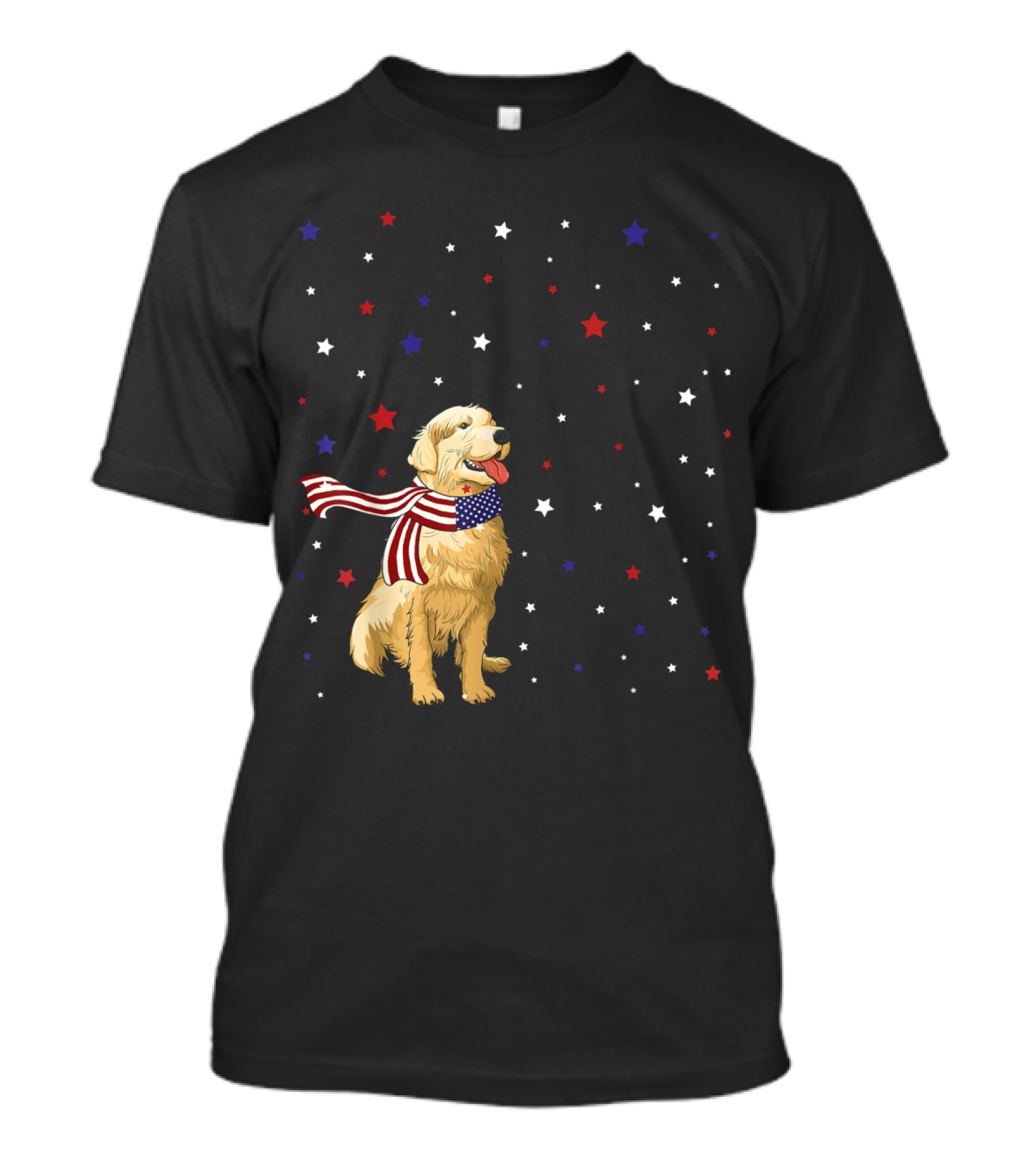 Golden Retriever In Patriotic American Flag Scarf Surrounded By Red White And Blue Stars T-Shirt