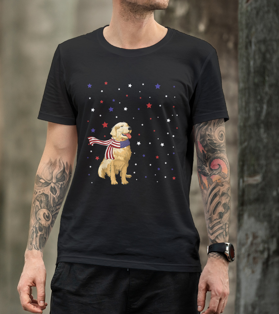 Golden Retriever In Patriotic American Flag Scarf Surrounded By Red White And Blue Stars T-Shirt