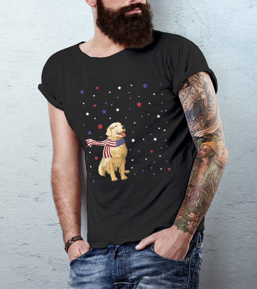 Golden Retriever In Patriotic American Flag Scarf Surrounded By Red White And Blue Stars T-Shirt