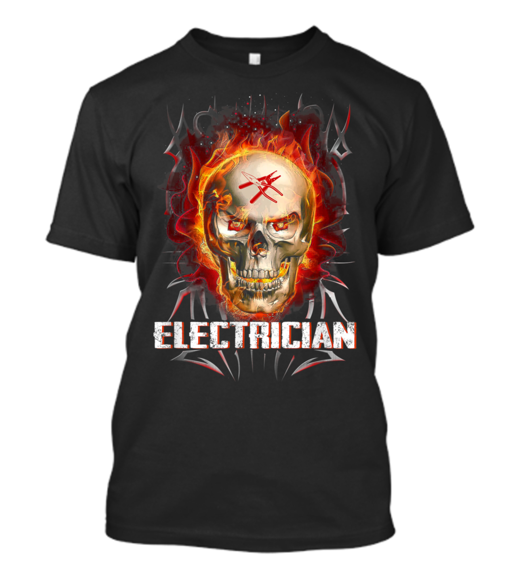 Electrician Skull With Flaming Background And Tools Crossed T-Shirt