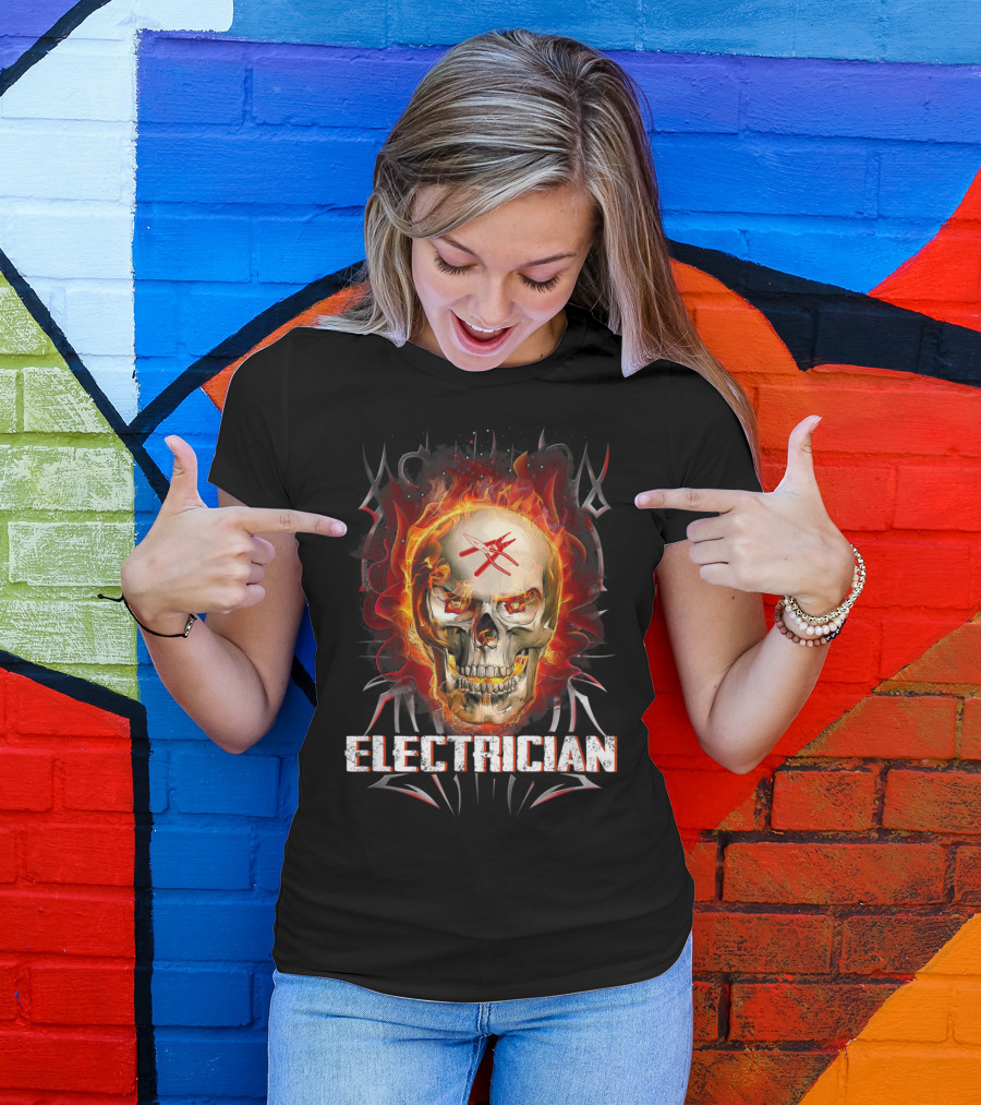 Electrician Skull With Flaming Background And Tools Crossed T-Shirt