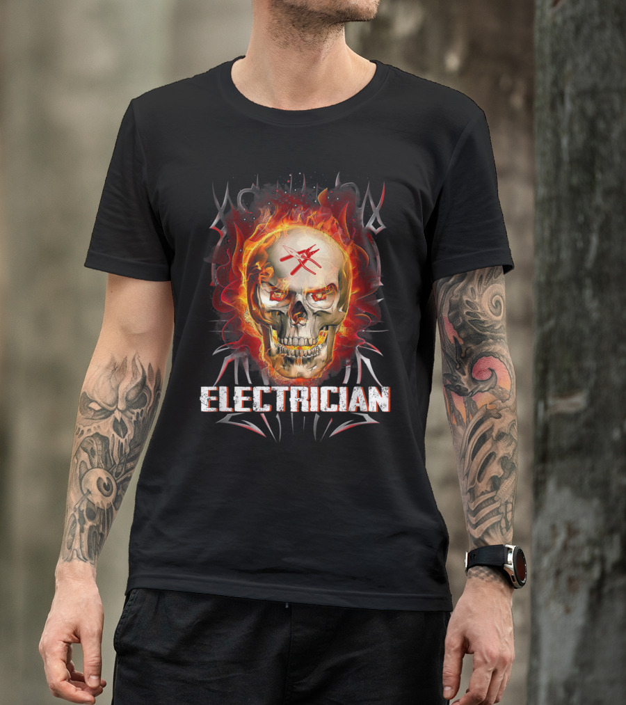 Electrician Skull With Flaming Background And Tools Crossed T-Shirt
