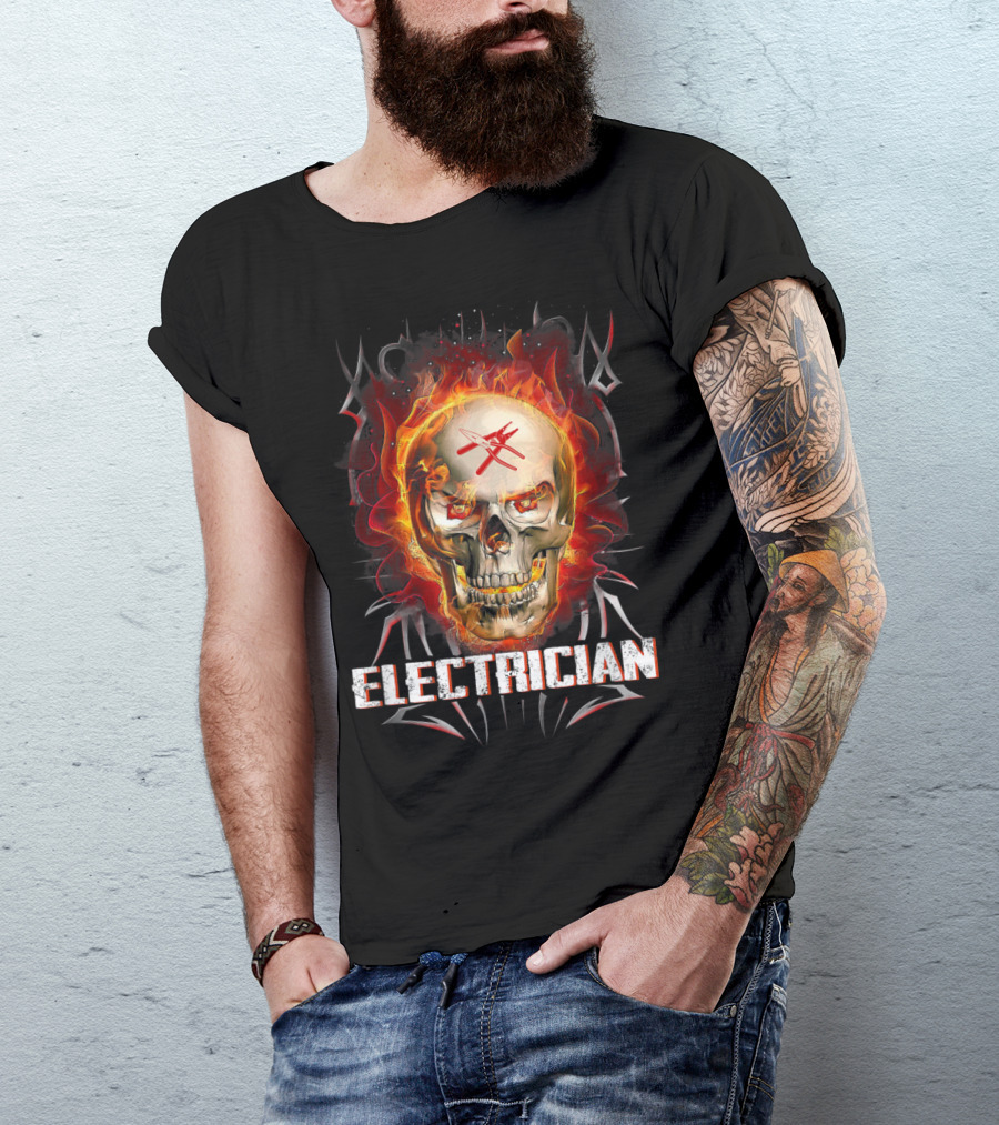 Electrician Skull With Flaming Background And Tools Crossed T-Shirt