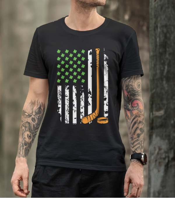 Irish American Flag With Shamrocks And Hockey Stick Stripes T-Shirt