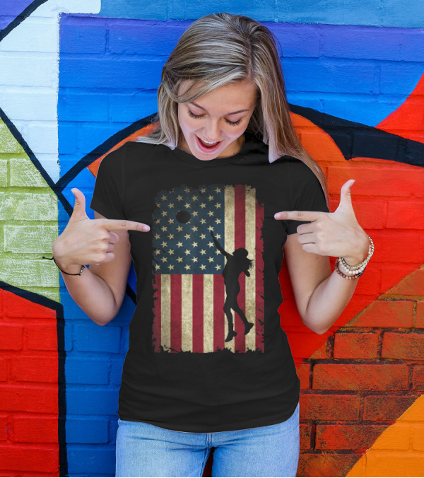 Volleyball Player Silhouette With Distressed USA Flag Background T-Shirt