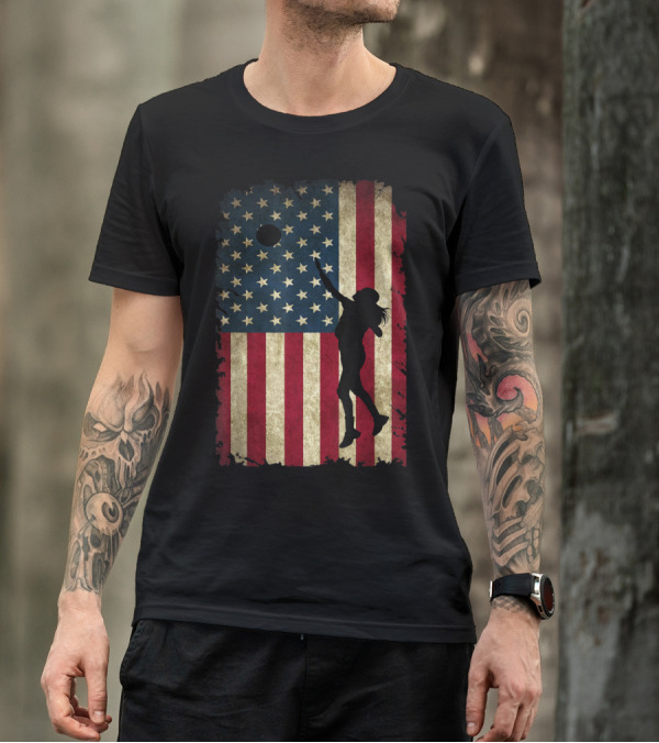 Volleyball Player Silhouette With Distressed USA Flag Background T-Shirt
