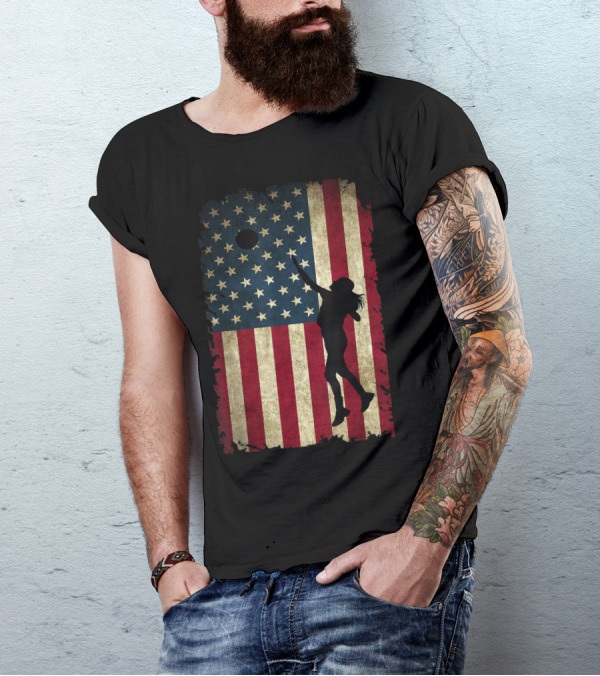 Volleyball Player Silhouette With Distressed USA Flag Background T-Shirt