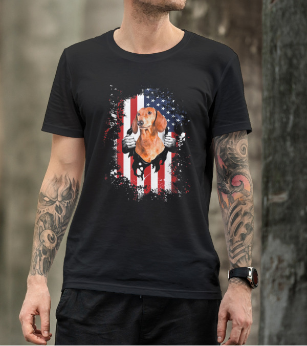 Patriotic American Dachshund With US Flag Background T-Shirt