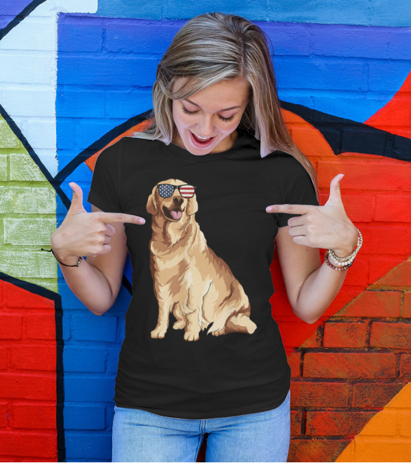 Golden Retriever Wearing American Flag Sunglasses Patriotic Dog T-Shirt
