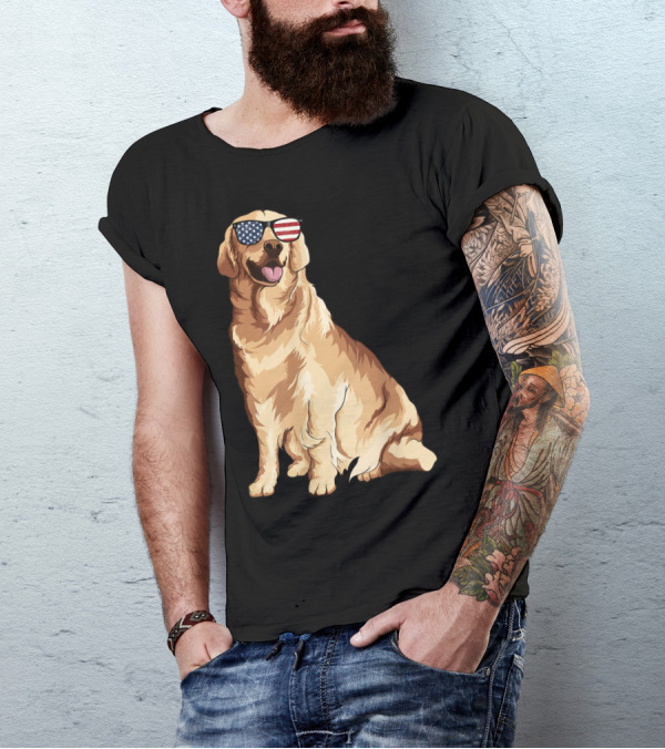 Golden Retriever Wearing American Flag Sunglasses Patriotic Dog T-Shirt