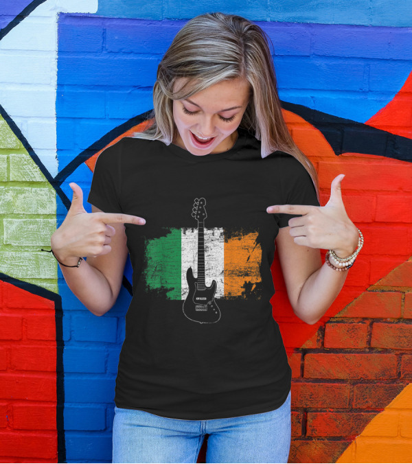 Irish Bass Guitar With Distressed Ireland Flag Background T-Shirt