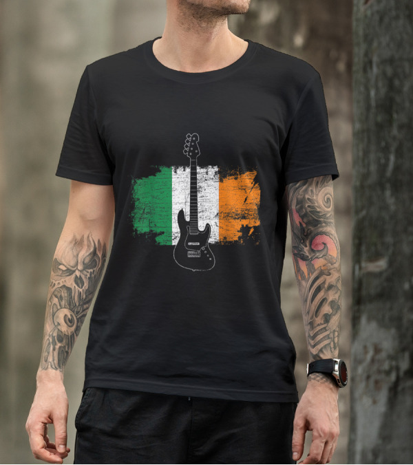 Irish Bass Guitar With Distressed Ireland Flag Background T-Shirt