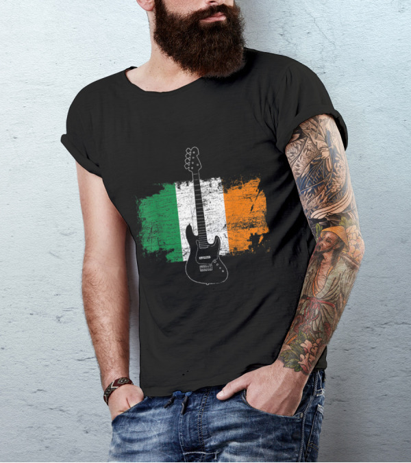 Irish Bass Guitar With Distressed Ireland Flag Background T-Shirt