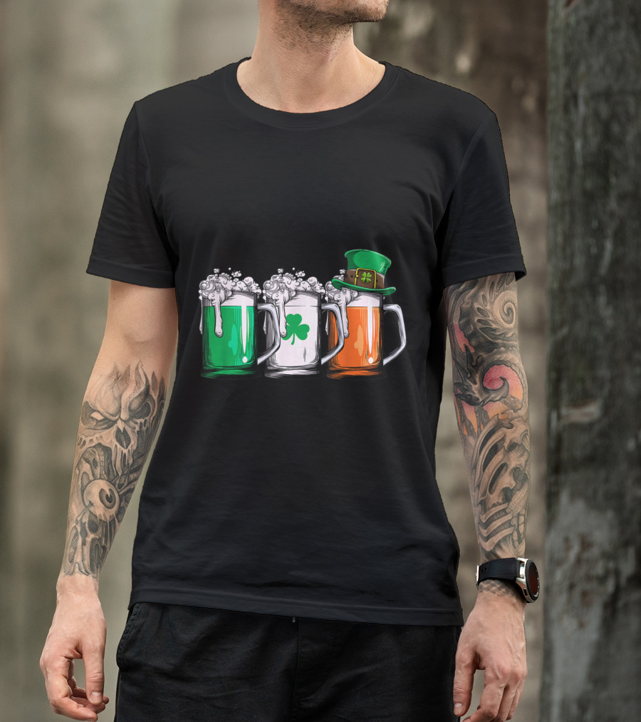 Irish Beer Mugs With Leprechaun Hat And Ireland Flag Colors T-Shirt