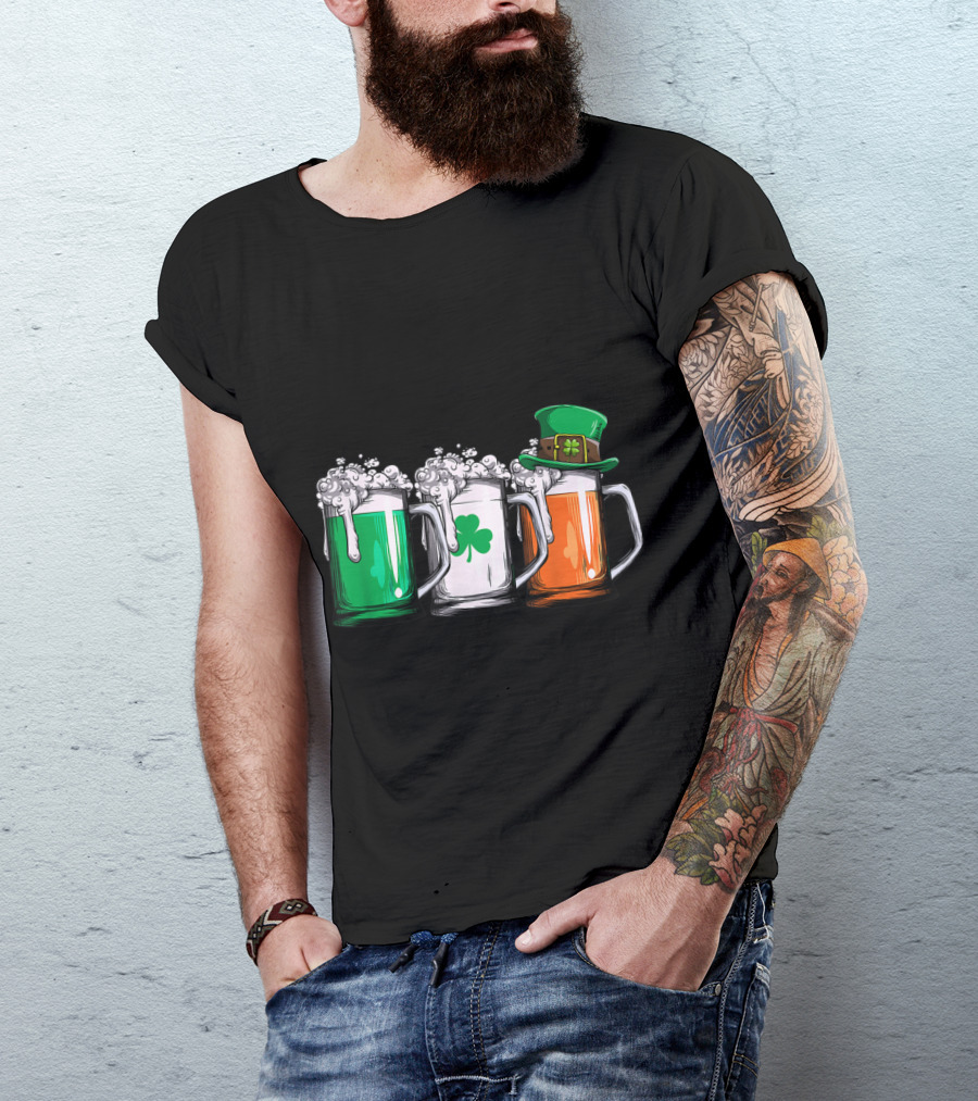 Irish Beer Mugs With Leprechaun Hat And Ireland Flag Colors T-Shirt