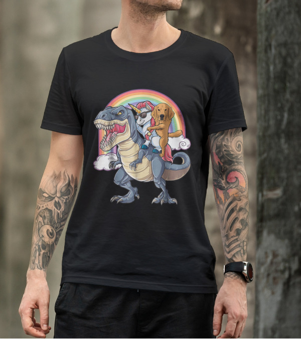 Golden Retriever And Sunglasses Unicorn Riding Dinosaur T-Shirt