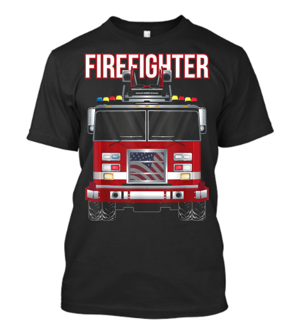 American Firefighter Fire Truck With Flag Front View T-Shirt
