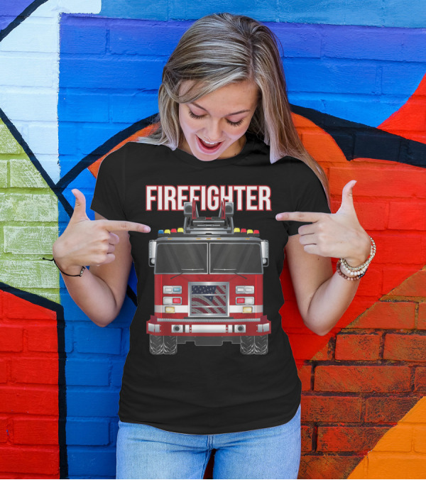American Firefighter Fire Truck With Flag Front View T-Shirt