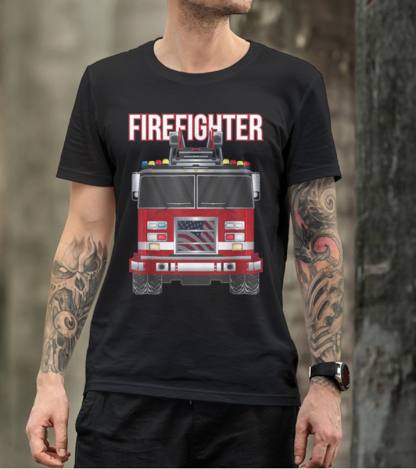 American Firefighter Fire Truck With Flag Front View T-Shirt