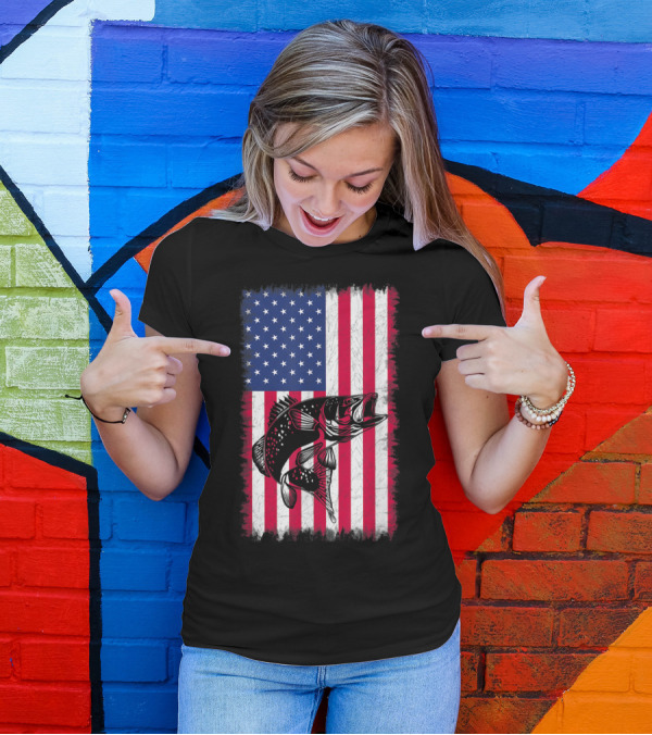 Patriotic American Flag With Fish Silhouette For Fisherman Enthusiasts T-Shirt