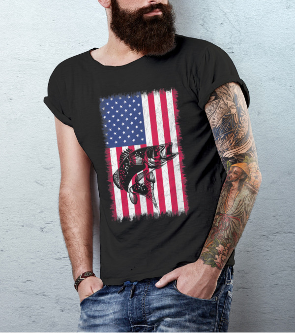 Patriotic American Flag With Fish Silhouette For Fisherman Enthusiasts T-Shirt