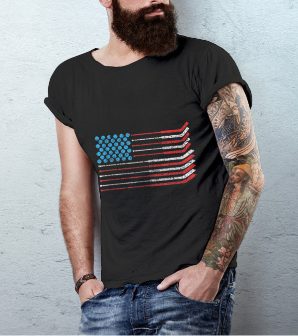 American Flag Patriotic Hockey Sticks 4th Of July T-Shirt