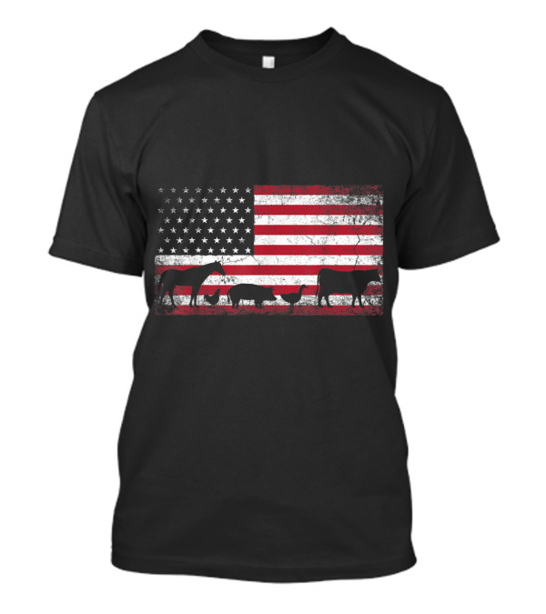 American Flag With Chicken Horse Cow Silhouettes For 4th Of July T-Shirt