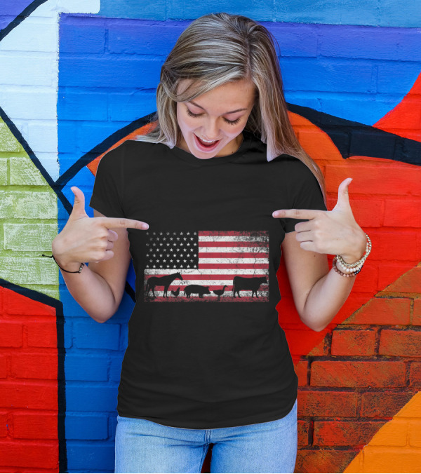 American Flag With Chicken Horse Cow Silhouettes For 4th Of July T-Shirt