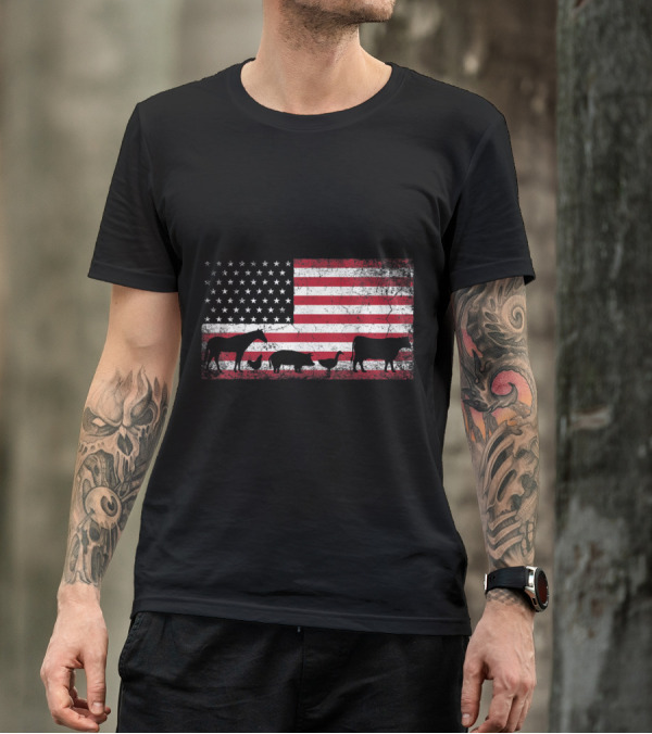 American Flag With Chicken Horse Cow Silhouettes For 4th Of July T-Shirt