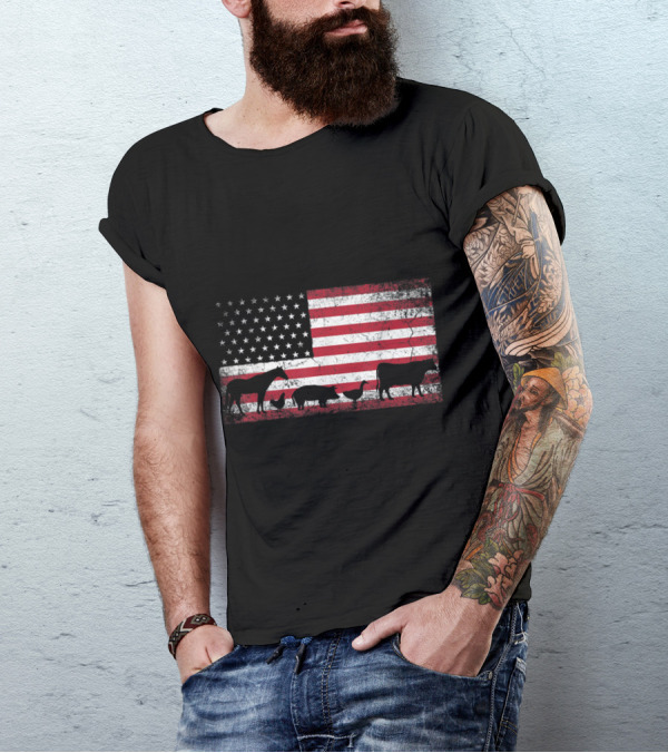 American Flag With Chicken Horse Cow Silhouettes For 4th Of July T-Shirt