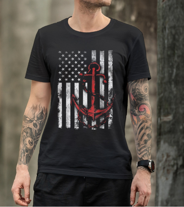 American Flag Red Anchor Patriotic Military T-Shirt