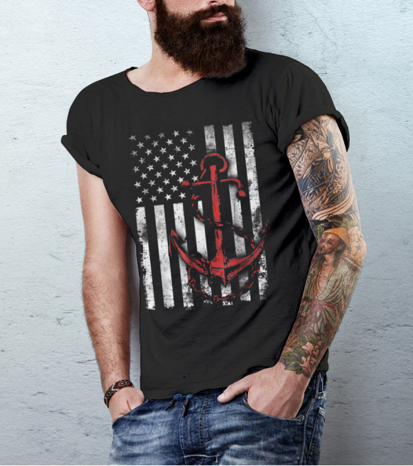 American Flag Red Anchor Patriotic Military T-Shirt